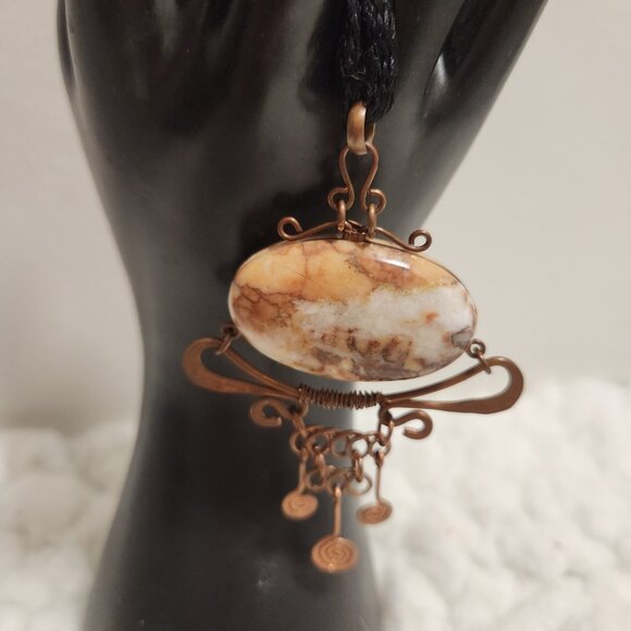 Gemstone Marble Oval Pendant Necklace – Copper Tone on Black Rope, Boho - Picture 8 of 11